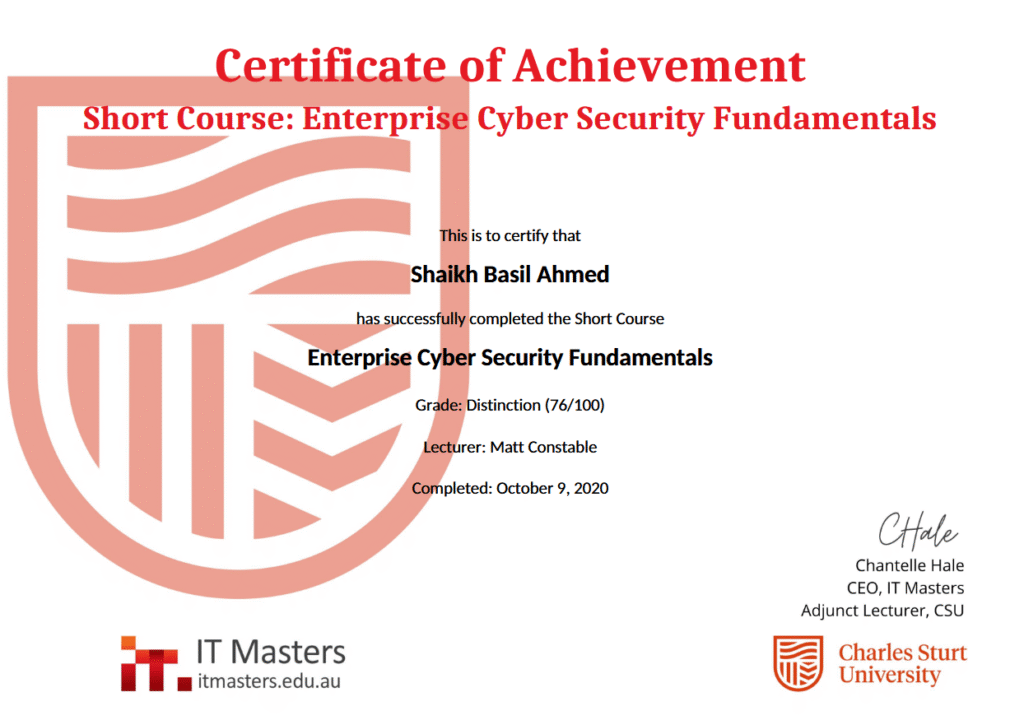 Enterprise Cyber Security Fundamentals Certificate of Achievement