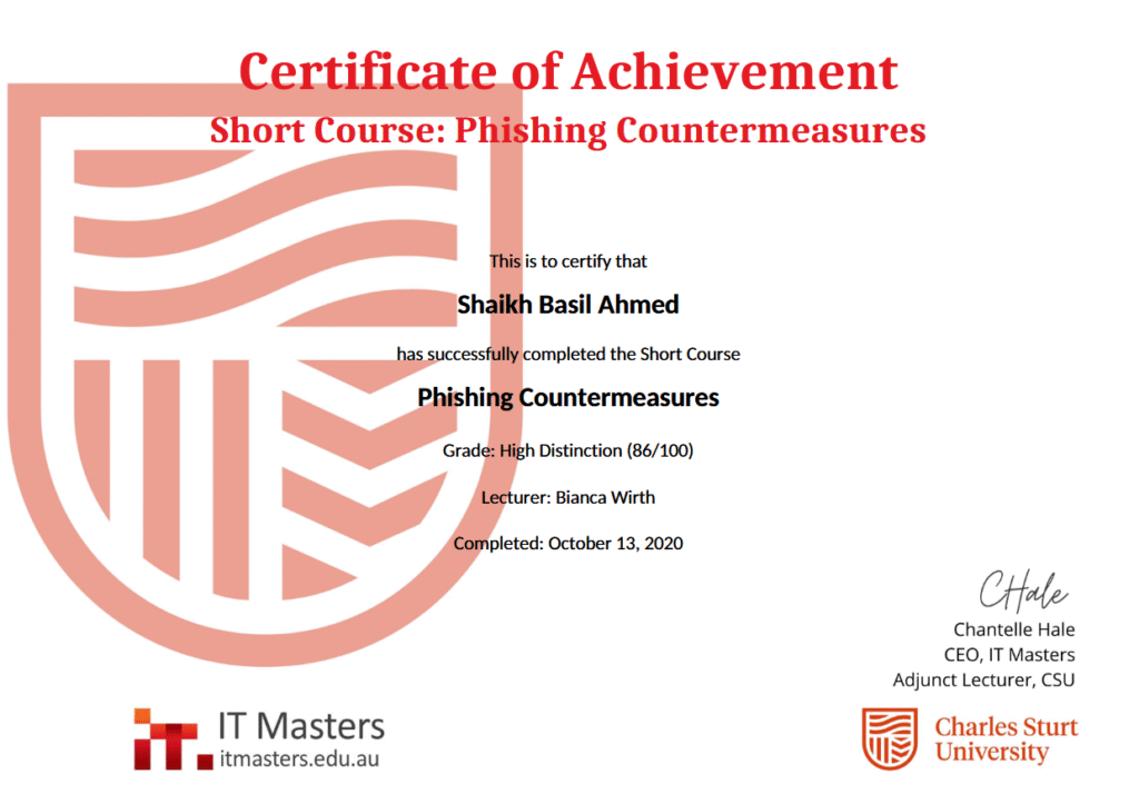 Phishing Phishing Countermeasures Certificate of Achievement